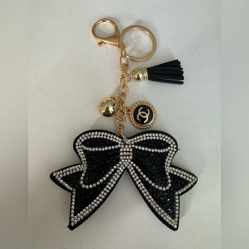 Upcycled Elegant Blingy Black and Gold Bow Keychain with Charm